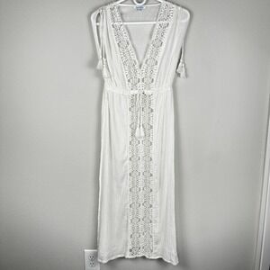 Blue Island Cover Up Dress XS Cream Guaze Crochet Semi Sheer Tassle Boho